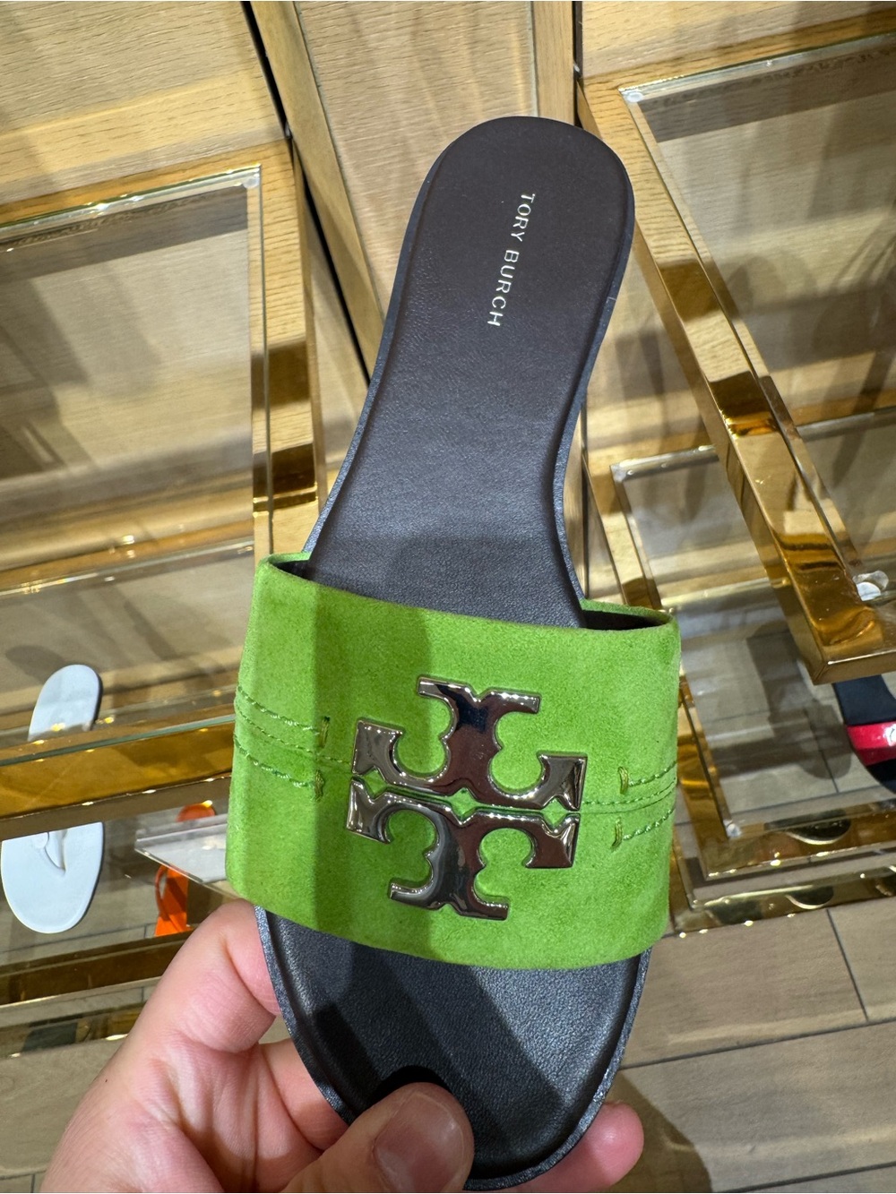 Tory Burch Everly Suede Leather Silver Signature Logo Slide